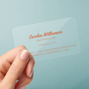 Modern Retro Script Photographer Burnt Orange Clear Business Cards