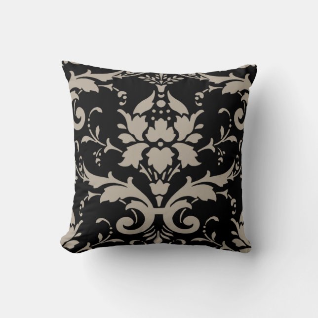 Modern Retro Silver Grey Damask on Black Pillow (Front)