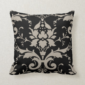 Modern Retro Silver Grey Damask on Black Pillow