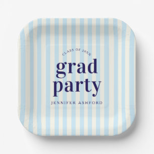 Modern Retro Stripes Blue Graduation Party Paper Plates
