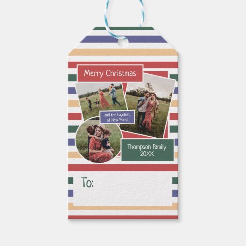 Modern Retro Stripes Family Photo Christmas Gift Tags