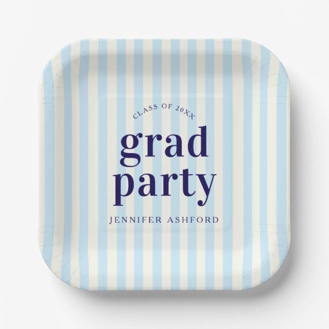 Modern Retro Stripes Navy Blue Graduation Party Paper Plates (Front)