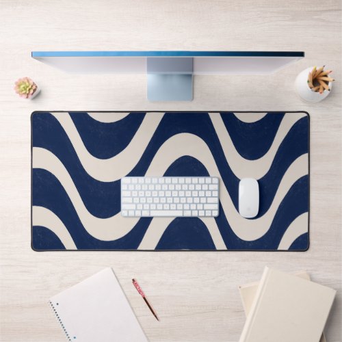 Modern Retro Summer Blue Waves Stripes Desk Mat