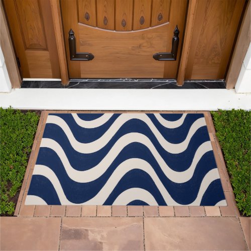 Modern Retro Summer Blue Waves Stripes Doormat