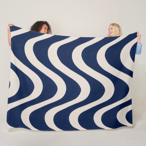 Modern Retro Summer Blue Waves Stripes Fleece Blanket