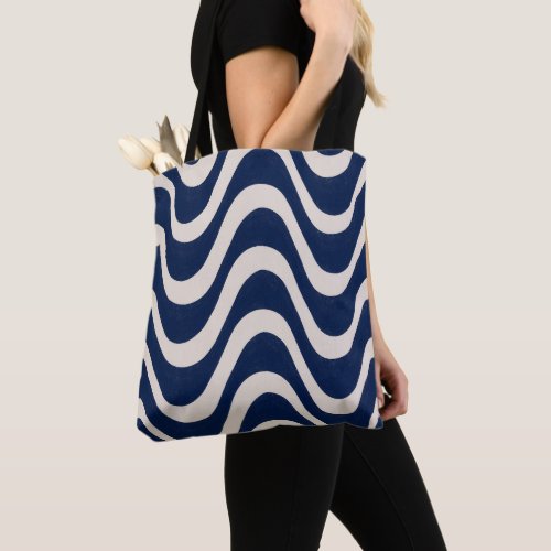 Modern Retro Summer Blue Waves Stripes Tote Bag