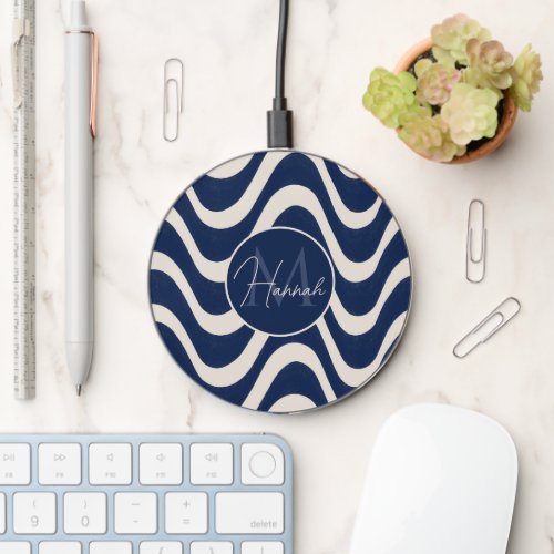 Modern Retro Summer Blue Waves Stripes Wireless Charger