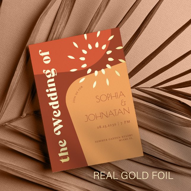Modern retro sunset orange gold foil invitation (Creator Uploaded)