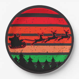 Modern Retro Sunset Red Green Santa Silhouette 9" Paper Plates