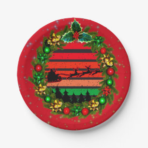 Modern Retro Sunset Red Green Santa  Wreath 7'" Paper Plates