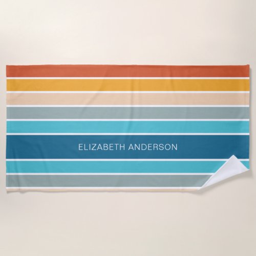 Modern Retro Sunset Stripes Personalized  Beach Towel