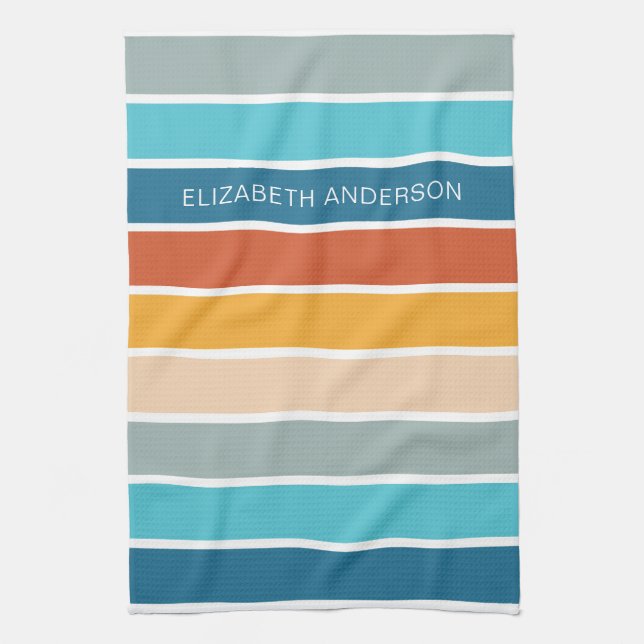 Modern Retro Sunset Stripes Personalized  Kitchen Towel (Vertical)