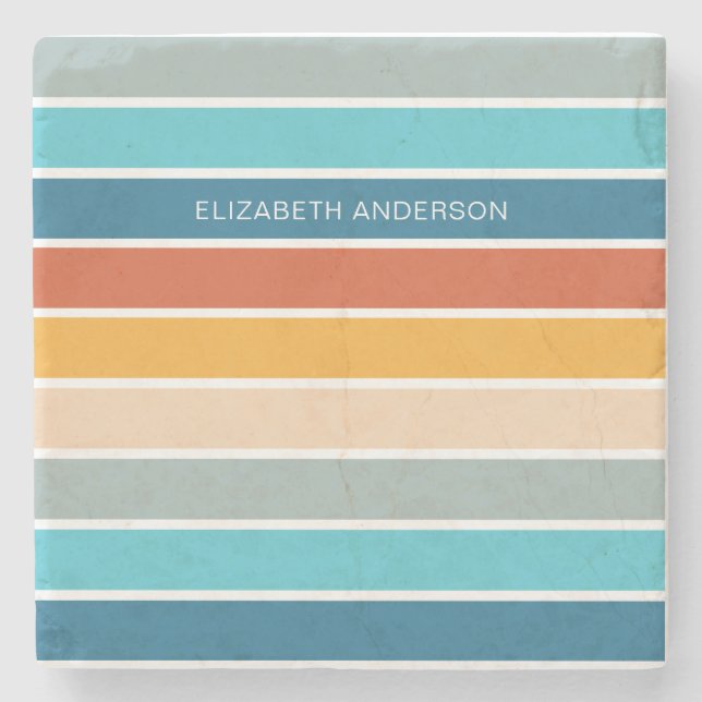 Modern Retro Sunset Stripes Personalized  Stone Coaster (Front)