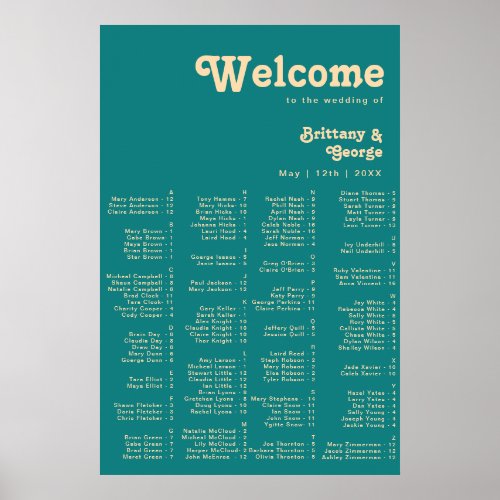 Modern Retro  Teal Alphabetical Seating Poster