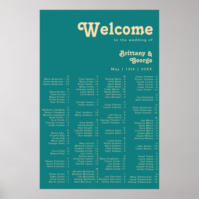 Modern Retro | Teal Alphabetical Seating Poster (Front)