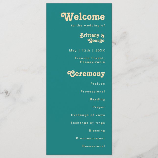 Modern Retro | Teal Cream Wedding Program (Front)