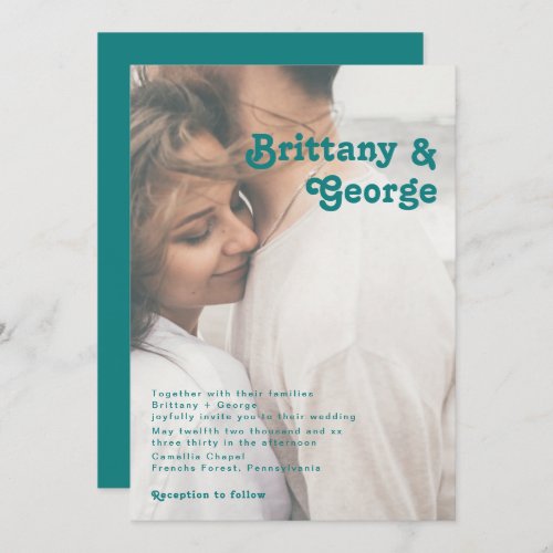 Modern Retro  Teal Faded Photo Wedding Invitation