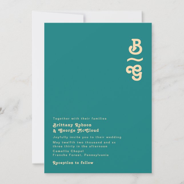 Modern Retro | Teal Monogram Wedding Invitation (Front)