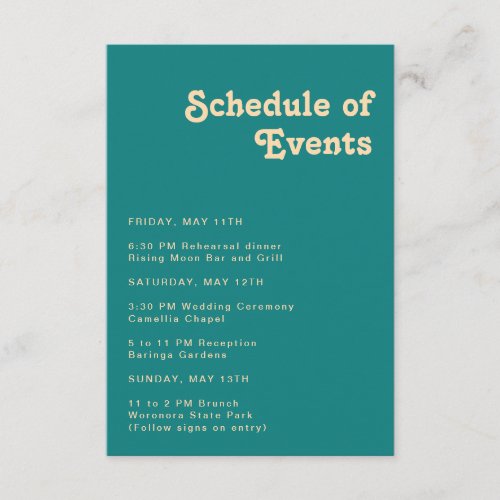 Modern Retro  Teal Schedule of Events Enclosure Card