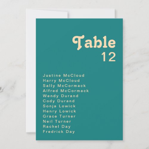 Modern Retro  Teal Table Number Chart