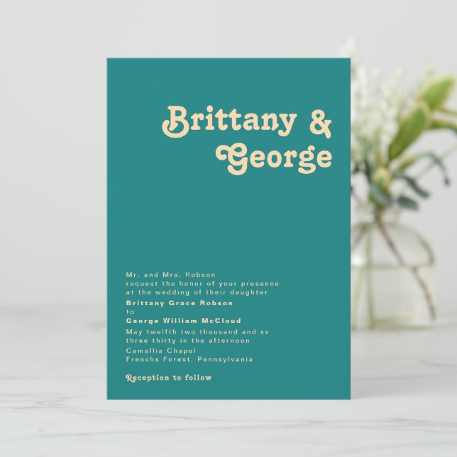 Modern Retro | Teal Traditional Wedding Invitation (Standing Front)