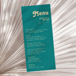 Modern Retro | Teal Wedding Dinner Menu<br><div class="desc">This modern retro | teal wedding dinner menu is perfect for your simple vintage, colorful tropical boho summer wedding. Its unique bohemian mid-century font gives this design a classic minimalist groovy hippie vibe. If you're looking for a design that features bright, bold colors for your creative 70's beach wedding, then...</div>