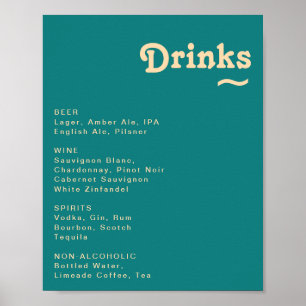 Modern Retro Teal Wedding Drinks Menu Sign