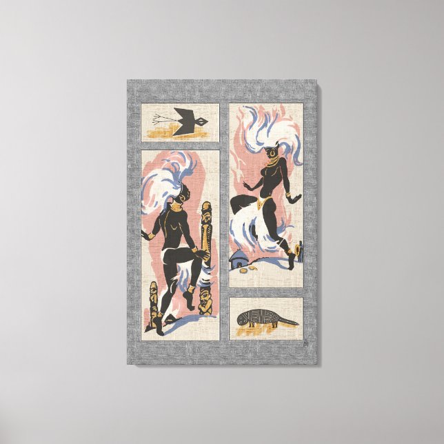 Modern Retro Tribal Dancers_Black_Gray_Pink_Blue Canvas Print (Front)