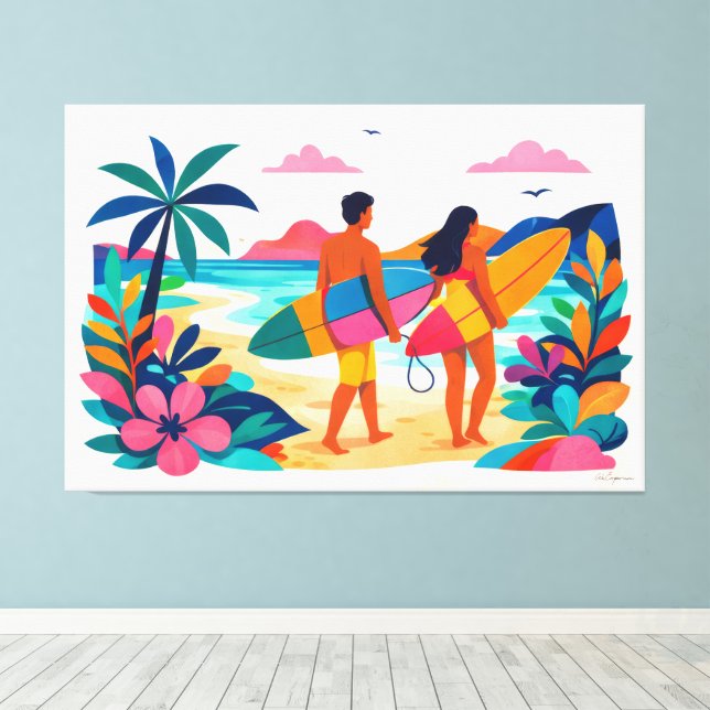 Modern retro tropical surf 01 canvas print (Insitu(Wood Floor))