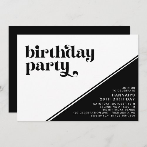 Modern Retro Typography  Black and White Birthday Invitation