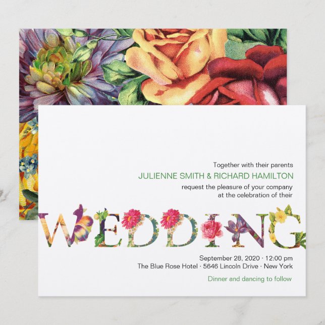 Modern Retro typography Floral Wedding Invitation (Front/Back)