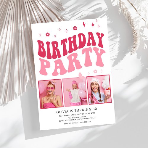 Modern Retro Typography Pink Photo 30th Birthday Invitation