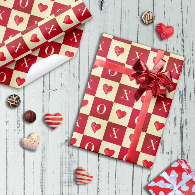 Modern Retro Valentine Red Hearts XO Checks Wrapping Paper (Creator Uploaded)
