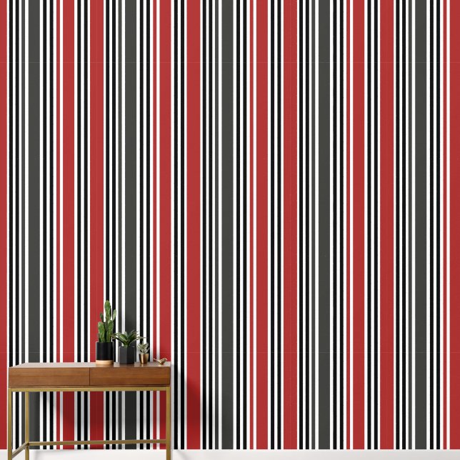 Modern Retro Vintage Red Black Gray Stripes  Wallpaper (Hallway)