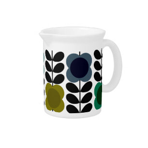 Modern Retro Vintage Spot Flowers Stem, Blue green Beverage Pitcher