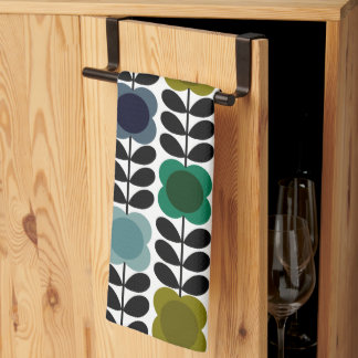 Modern Retro Vintage Spot Flowers Stem, Blue green Kitchen Towel