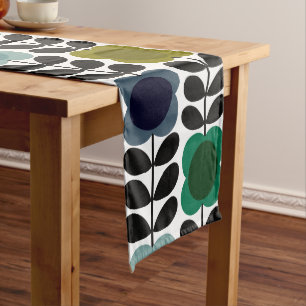 Modern Retro Vintage Spot Flowers Stem, Blue green Long Table Runner
