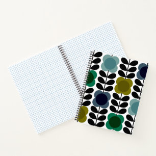 Modern Retro Vintage Spot Flowers Stem, Blue green Notebook