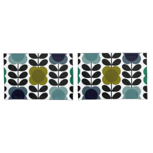 Modern Retro Vintage Spot Flowers Stem, Blue green Pillow Case