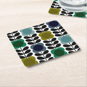 Modern Retro Vintage Spot Flowers Stem, Blue green Square Paper Coaster