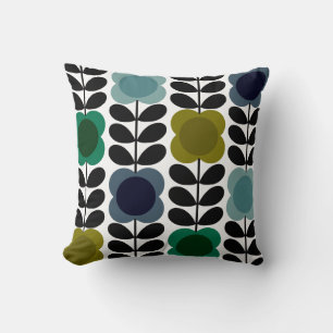 Modern Retro Vintage Spot Flowers Stem, Blue green Throw Pillow