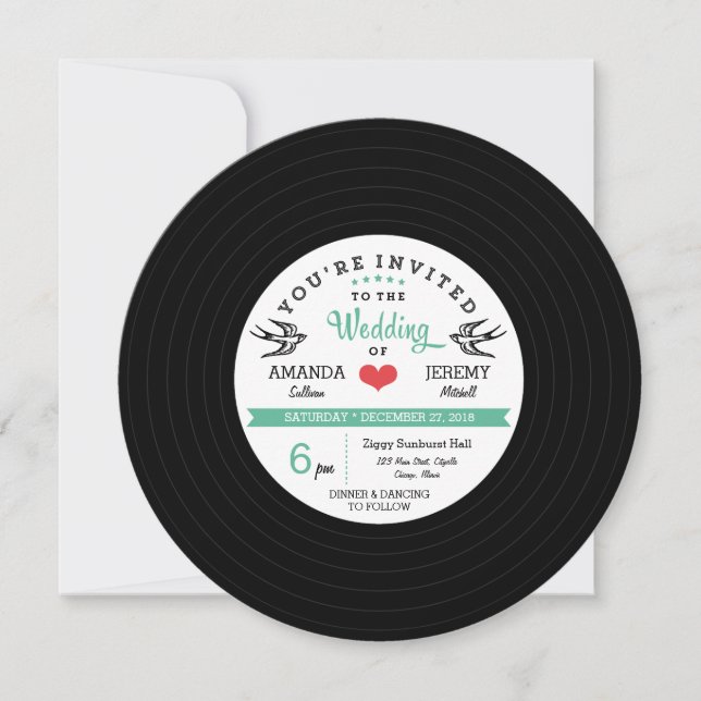 Modern Retro Vinyl Record Black Teal Wedding Card (Front)