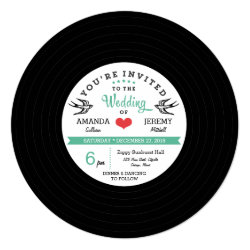 Modern Retro Vinyl Record Black Teal Wedding Card