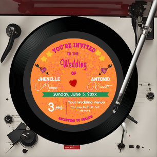 Modern Retro Vinyl Record Orange & Pink Wedding Invitation