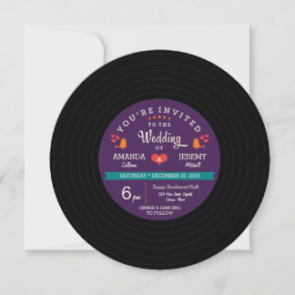 Modern Retro Vinyl Record Purple & Aqua Wedding Invitation