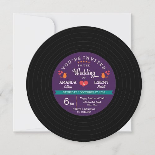 Modern Retro Vinyl Record Purple  Aqua Wedding Invitation