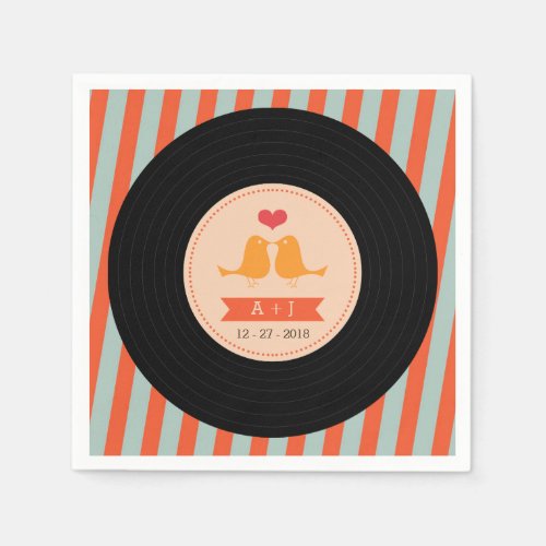 Modern Retro Vinyl Record Sky Blue Orange Wedding Napkins