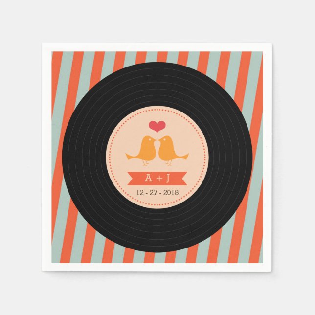 Modern Retro Vinyl Record Sky Blue Orange Wedding Napkins (Front)