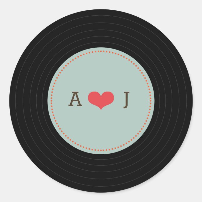 Modern Retro Vinyl Record Wedding Blue Envelope Classic Round Sticker (Front)