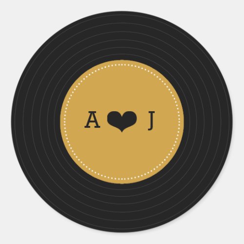 Modern Retro Vinyl Record Wedding Gold  Black Classic Round Sticker